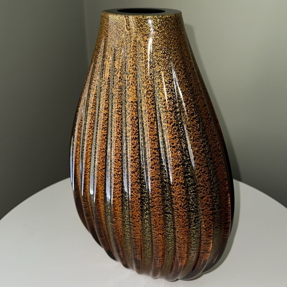 Sasaki Italian Crystal Vase Hand Crafted Marea 11” Tear Drop Ribbed Tiger’s Eye - Picture 11 of 17